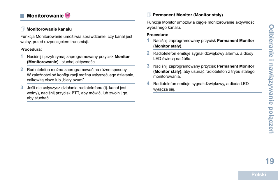 Monitorowanie, Monitorowanie kanału, Permanent monitor (monitor stały) | Monitorowanie funkcji | Motorola DP 1400 User Manual | Page 289 / 402