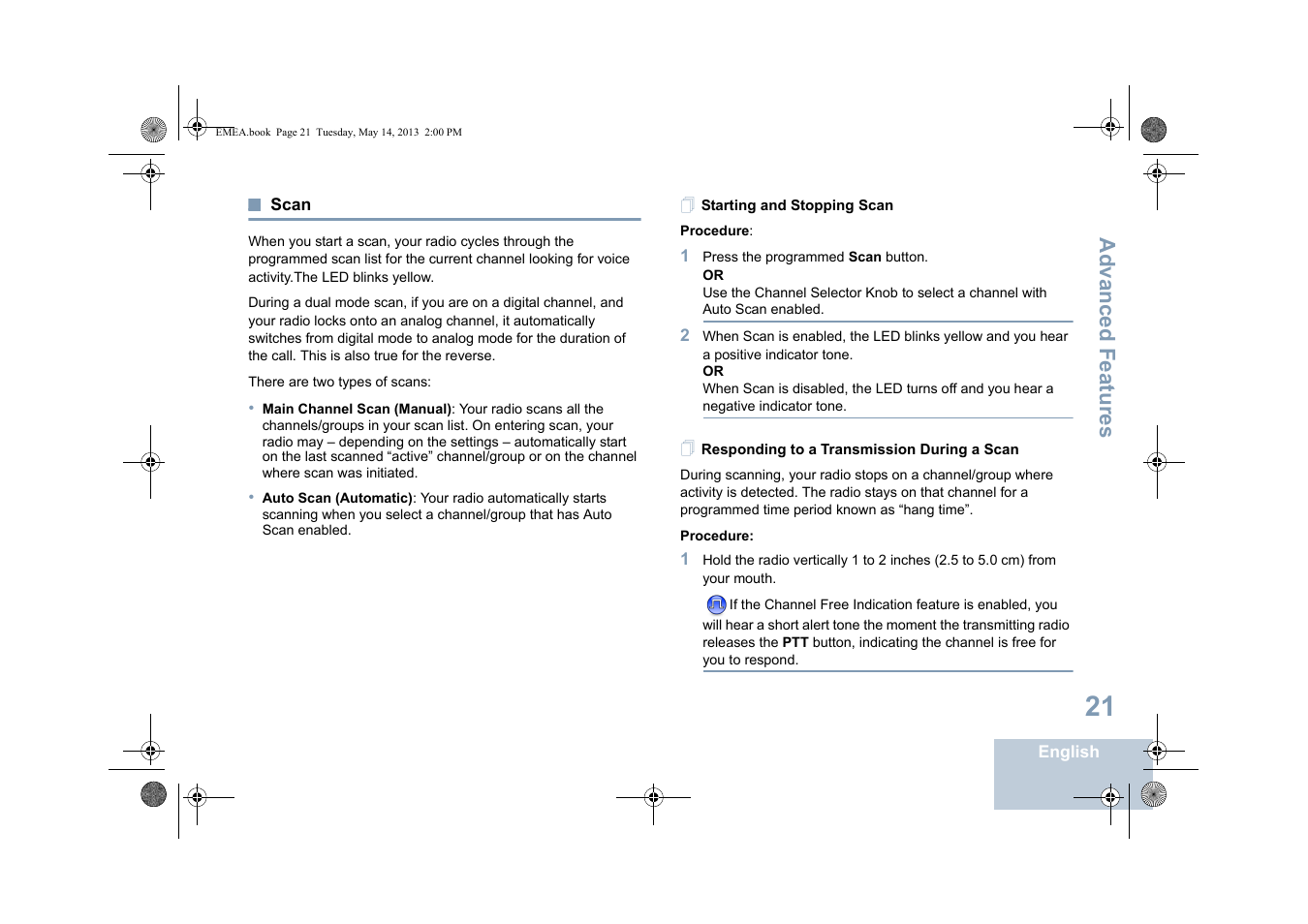 Scan, Starting and stopping scan, Responding to a transmission during a scan | Advanced features | Motorola DP 1400 User Manual | Page 29 / 402