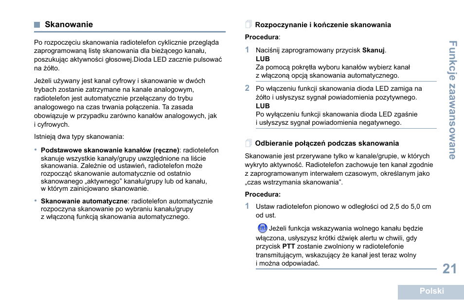 Skanowanie, Rozpoczynanie i kończenie skanowania, Odbieranie połączeń podczas skanowania | Motorola DP 1400 User Manual | Page 291 / 402