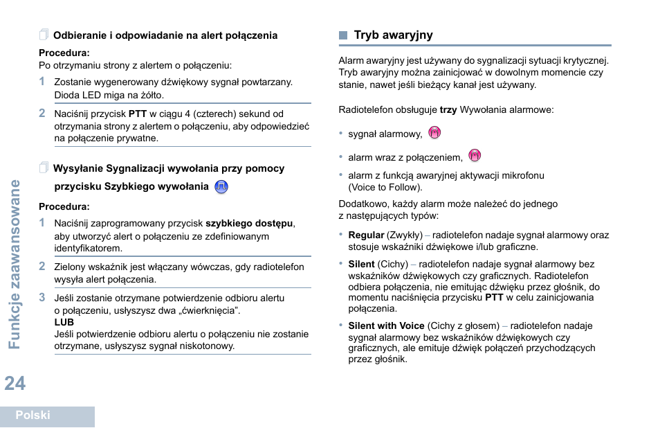 Odbieranie i odpowiadanie na alert połączenia, Tryb awaryjny, Fu nkcje zaaw an so wane | Motorola DP 1400 User Manual | Page 294 / 402