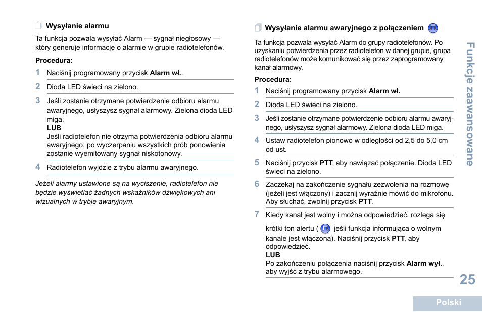 Wysyłanie alarmu, Wysyłanie alarmu awaryjnego z połączeniem | Motorola DP 1400 User Manual | Page 295 / 402