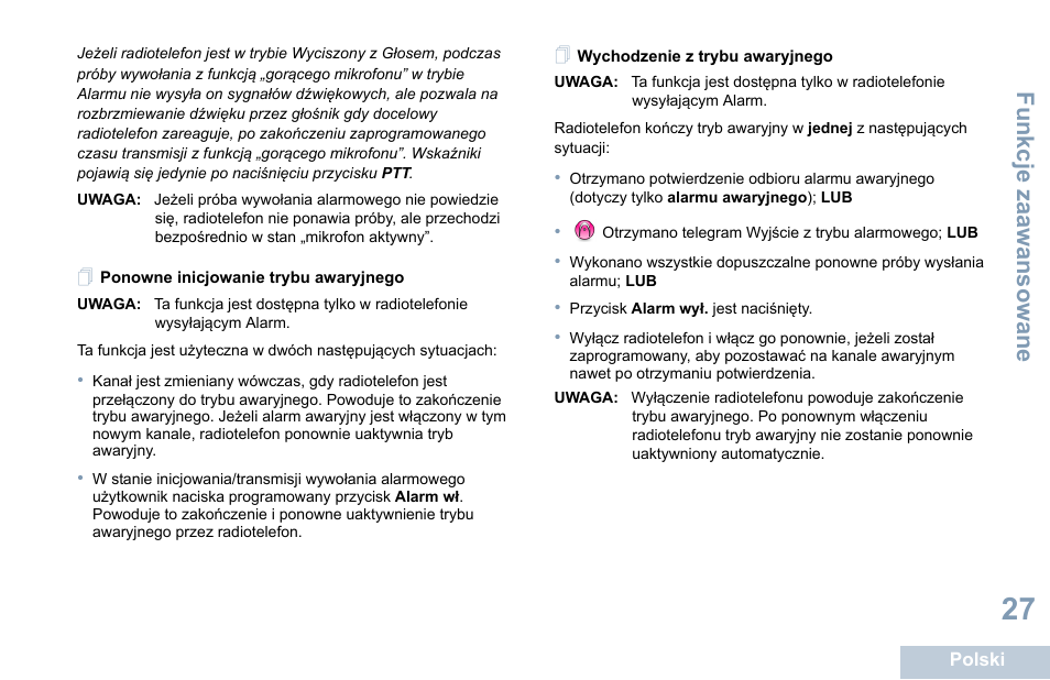 Ponowne inicjowanie trybu awaryjnego, Wychodzenie z trybu awaryjnego, Fu n kcje zaaw an so wan e | Motorola DP 1400 User Manual | Page 297 / 402