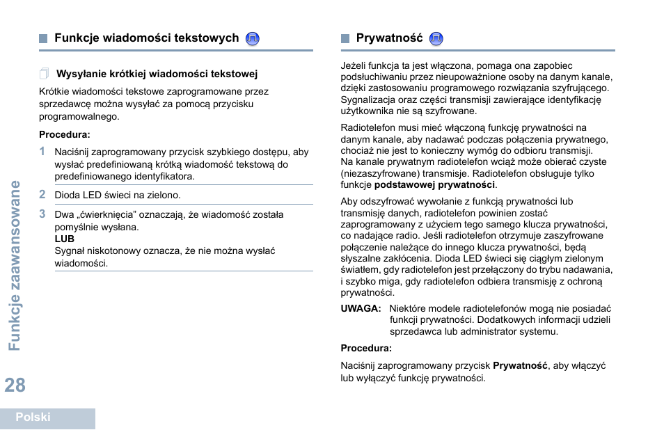 Funkcje wiadomości tekstowych, Wysyłanie krótkiej wiadomości tekstowej, Prywatność | Motorola DP 1400 User Manual | Page 298 / 402