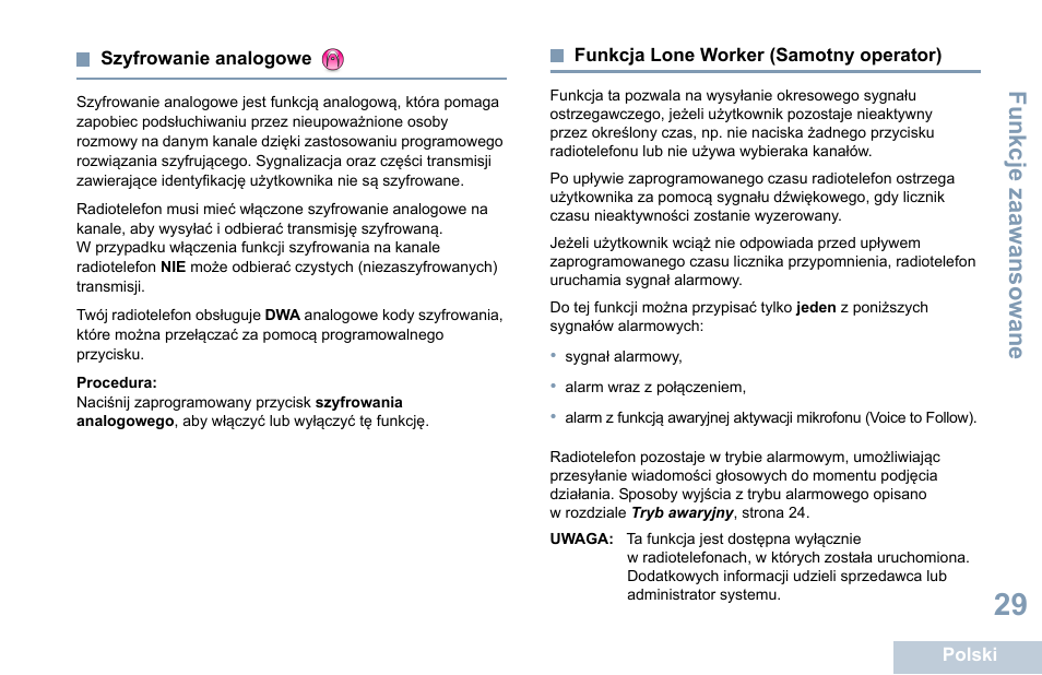 Szyfrowanie analogowe, Funkcja lone worker (samotny operator) | Motorola DP 1400 User Manual | Page 299 / 402