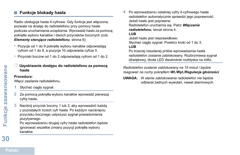 Funkcje blokady hasła, Uzyskiwanie dostępu do radiotelefonu za, Pomocą hasła | Motorola DP 1400 User Manual | Page 300 / 402