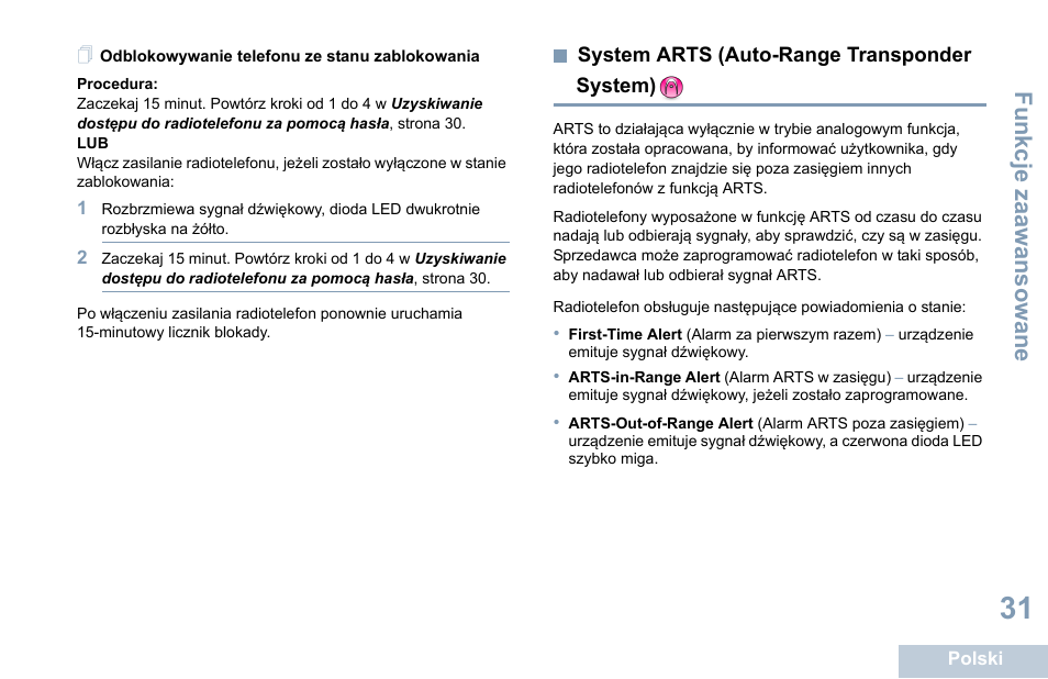 Odblokowywanie telefonu ze stanu zablokowania, System arts (auto-range transponder system), Odblokowywanie telefonu ze stanu | Zablokowania, System arts (auto-range transponder, System) | Motorola DP 1400 User Manual | Page 301 / 402