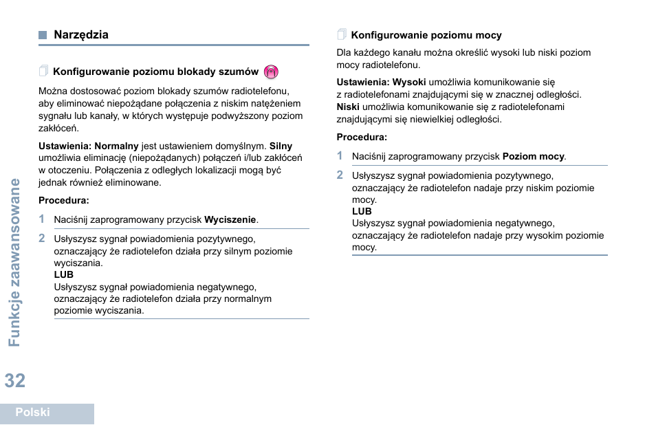 Narzędzia, Konfigurowanie poziomu blokady szumów, Konfigurowanie poziomu mocy | Motorola DP 1400 User Manual | Page 302 / 402