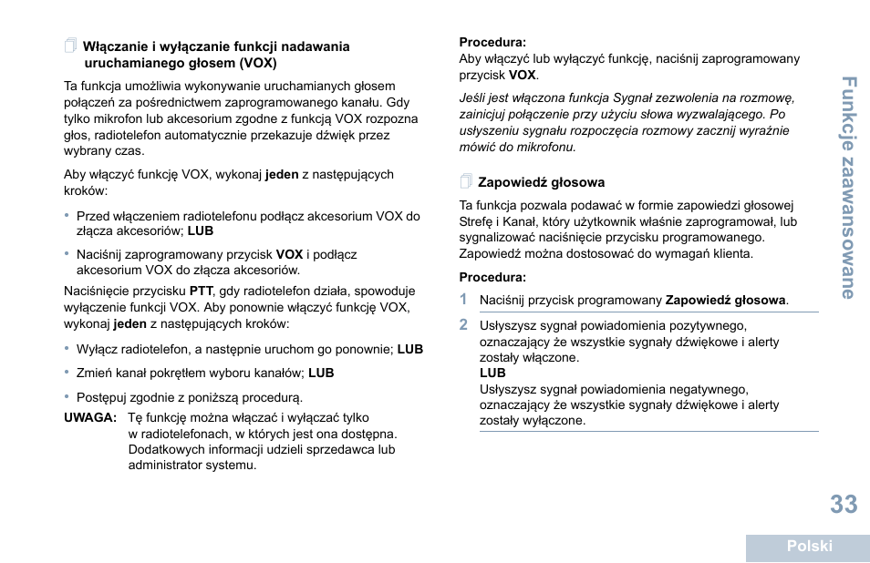 Zapowiedź głosowa, Włączanie i wyłączanie funkcji nadawania, Uruchamianego głosem (vox) zapowiedź głosowa | Motorola DP 1400 User Manual | Page 303 / 402