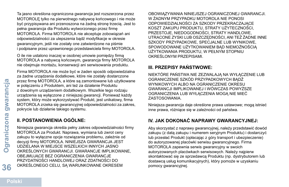 Ii. postanowienia ogólne, Iii. przepisy państwowe, Iv. jak dokonać naprawy gwarancyjnej | Ograniczona gwarancja | Motorola DP 1400 User Manual | Page 306 / 402