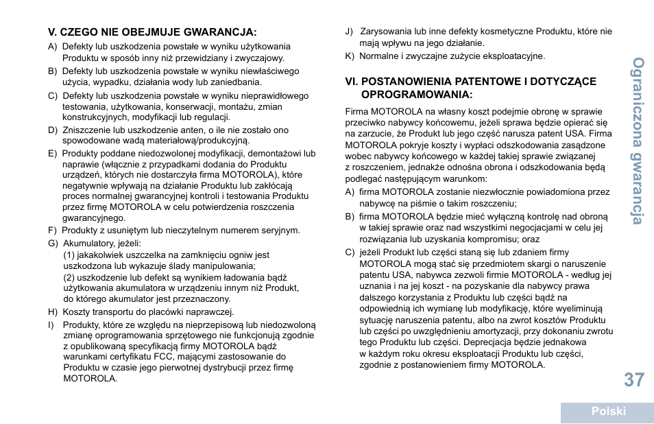 V. czego nie obejmuje gwarancja, Ograniczona gwarancja | Motorola DP 1400 User Manual | Page 307 / 402