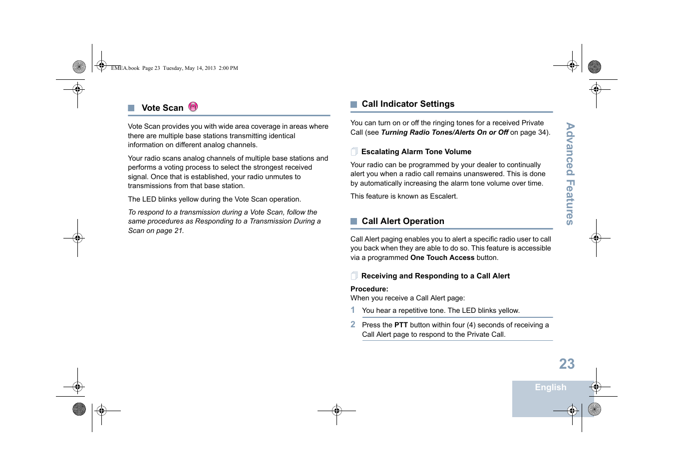 Vote scan, Call indicator settings, Escalating alarm tone volume | Call alert operation, Receiving and responding to a call alert, Vote scan call indicator settings, Call alert operation on, Advanced features | Motorola DP 1400 User Manual | Page 31 / 402