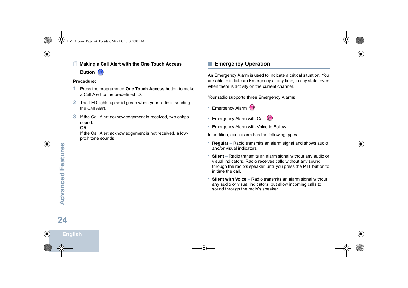 Emergency operation, Advanced features | Motorola DP 1400 User Manual | Page 32 / 402