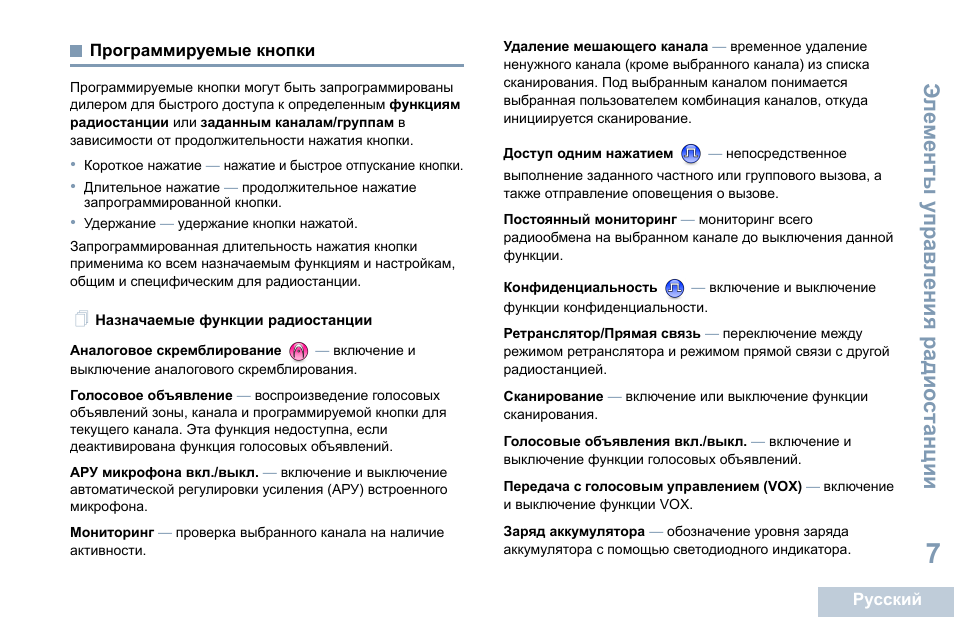 Программируемые кнопки, Назначаемые функции радиостанции, Эл ем ен ты управ л ения радио станции | Motorola DP 1400 User Manual | Page 321 / 402