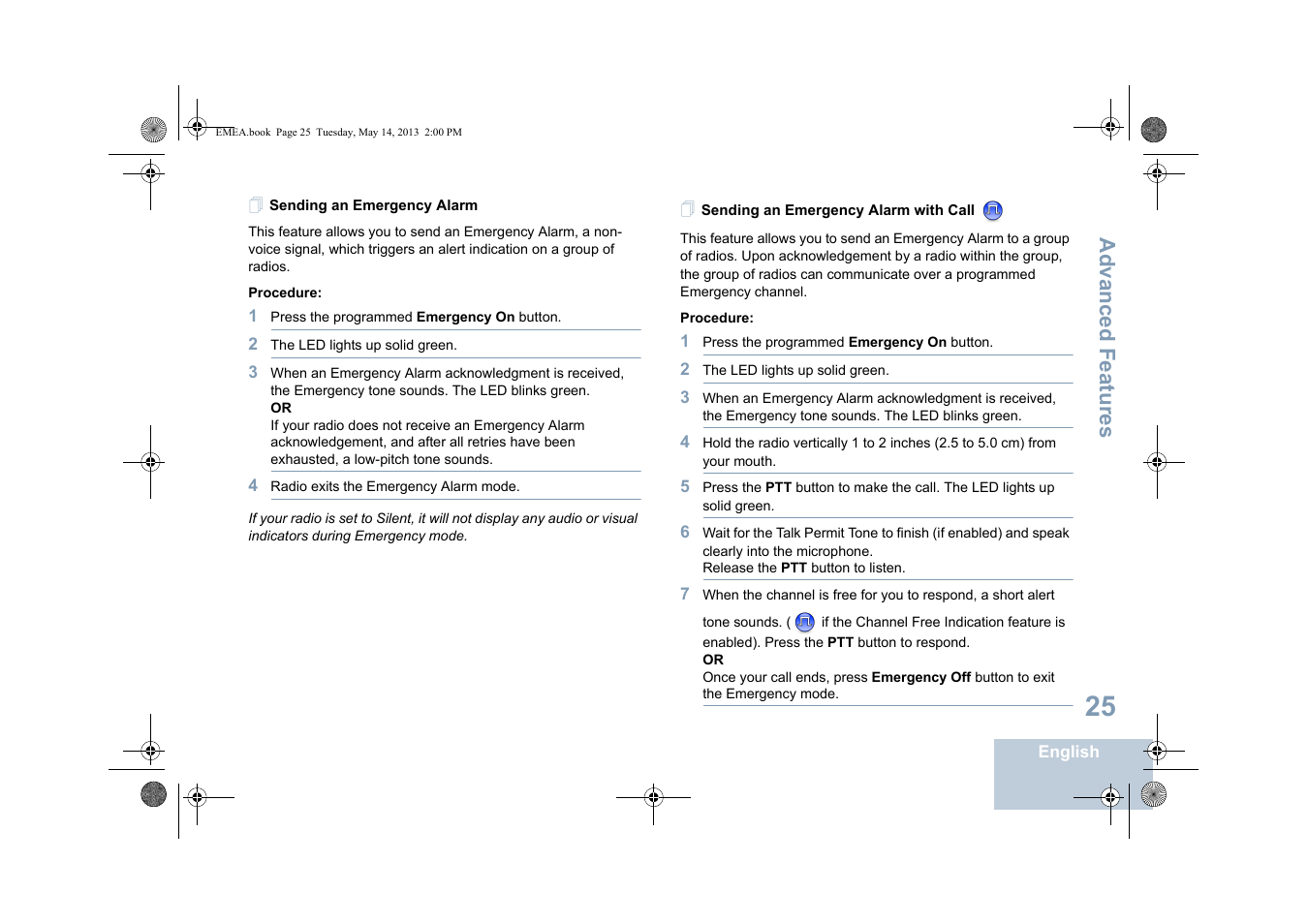 Sending an emergency alarm, Sending an emergency alarm with call, Advanced features | Motorola DP 1400 User Manual | Page 33 / 402