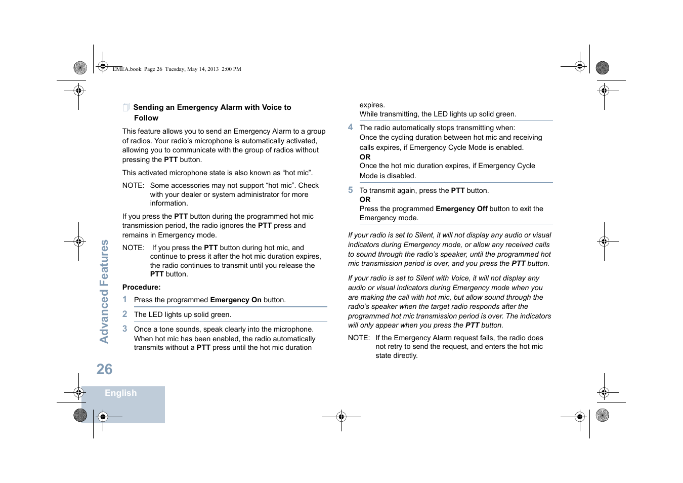 Sending an emergency alarm with voice to follow, Advanced features | Motorola DP 1400 User Manual | Page 34 / 402