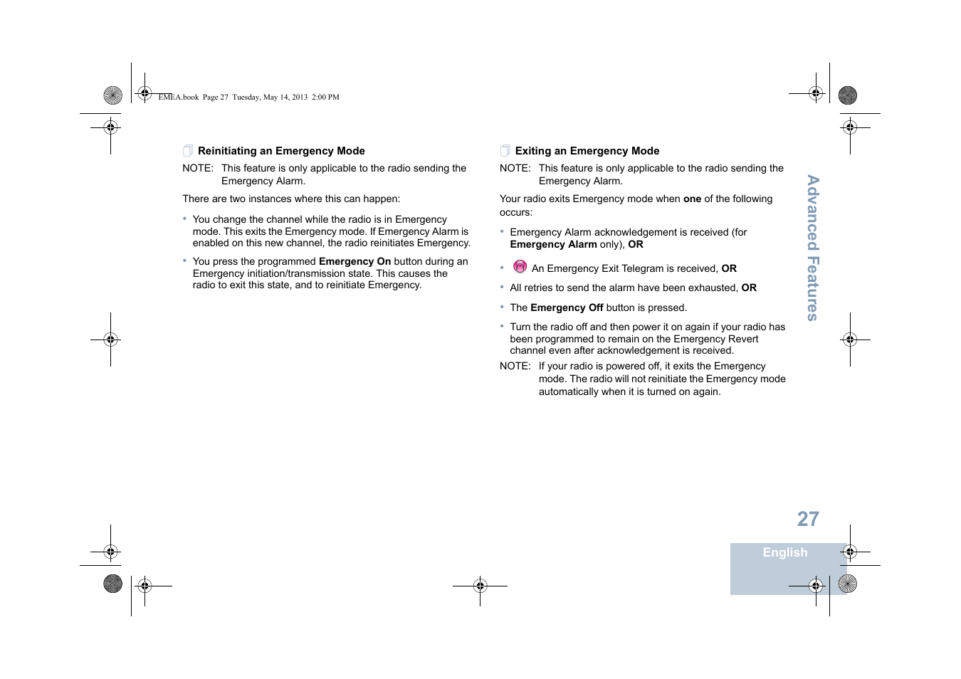 Reinitiating an emergency mode, Exiting an emergency mode, Advanced features | Motorola DP 1400 User Manual | Page 35 / 402