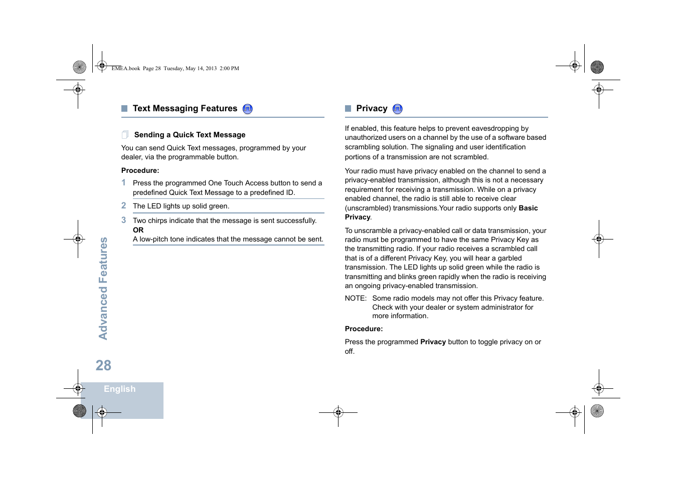 Text messaging features, Sending a quick text message, Privacy | Advanced features | Motorola DP 1400 User Manual | Page 36 / 402