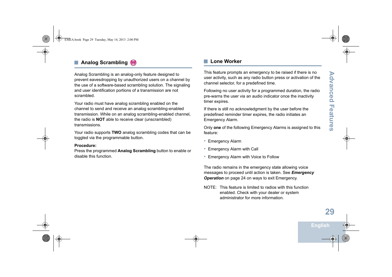 Analog scrambling, Lone worker, Analog scrambling lone worker | Advanced features | Motorola DP 1400 User Manual | Page 37 / 402