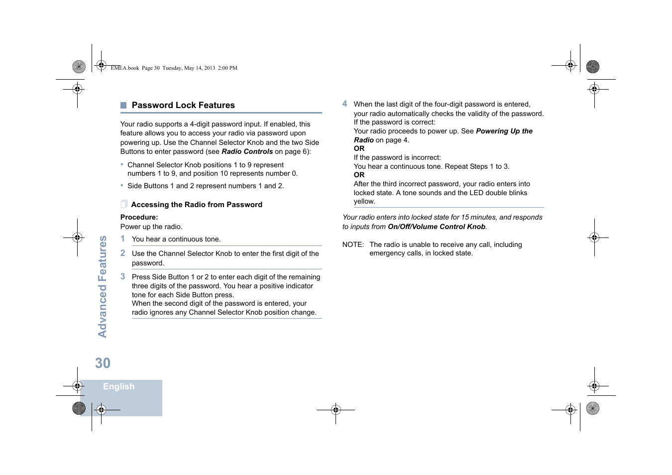 Password lock features, Accessing the radio from password, Advanced features | Motorola DP 1400 User Manual | Page 38 / 402