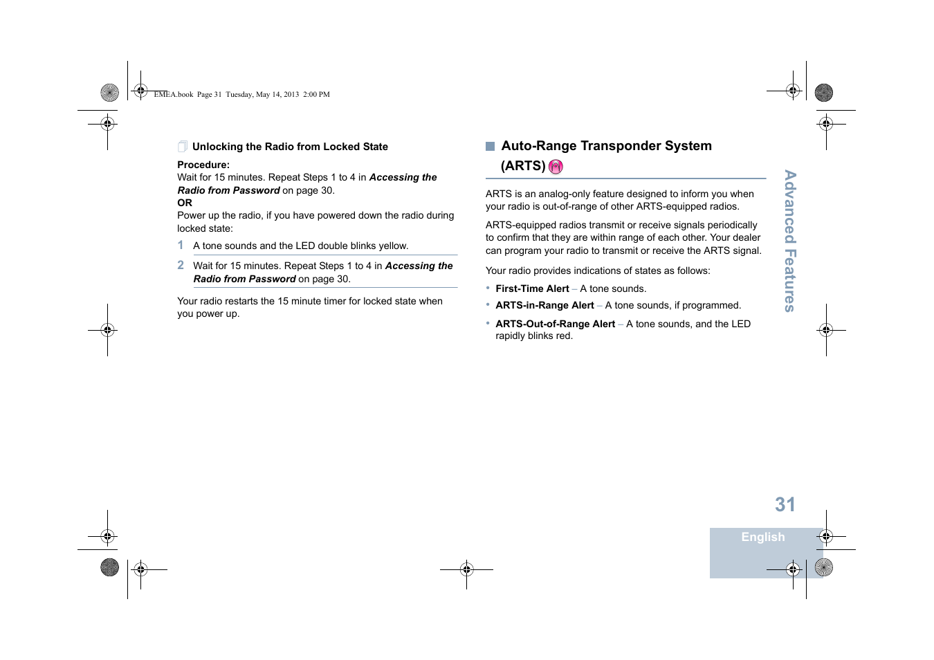 Unlocking the radio from locked state, Auto-range transponder system (arts), Advanced features | Motorola DP 1400 User Manual | Page 39 / 402