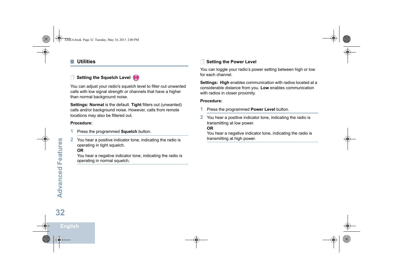 Utilities, Setting the squelch level, Setting the power level | Setting the squelch level setting the power level, Advanced features | Motorola DP 1400 User Manual | Page 40 / 402