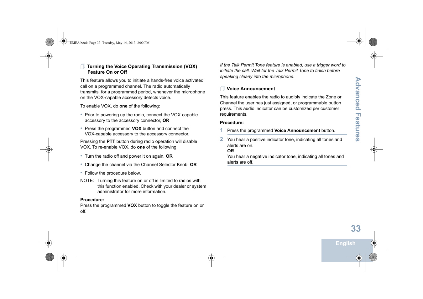 Voice announcement, Advanced features | Motorola DP 1400 User Manual | Page 41 / 402