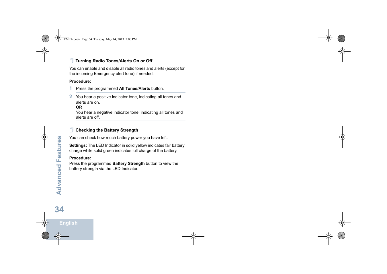 Turning radio tones/alerts on or off, Checking the battery strength, Advanced features | Motorola DP 1400 User Manual | Page 42 / 402