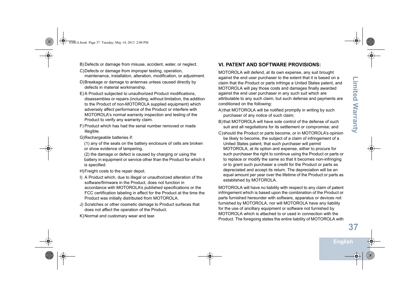 Vi. patent and software provisions, Li mit ed w arra nty | Motorola DP 1400 User Manual | Page 45 / 402