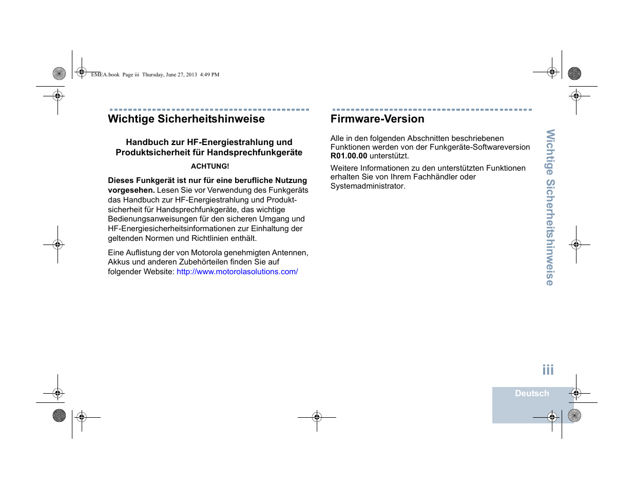 Wichtige sicherheitshinweise, Firmware-version | Motorola DP 1400 User Manual | Page 49 / 402