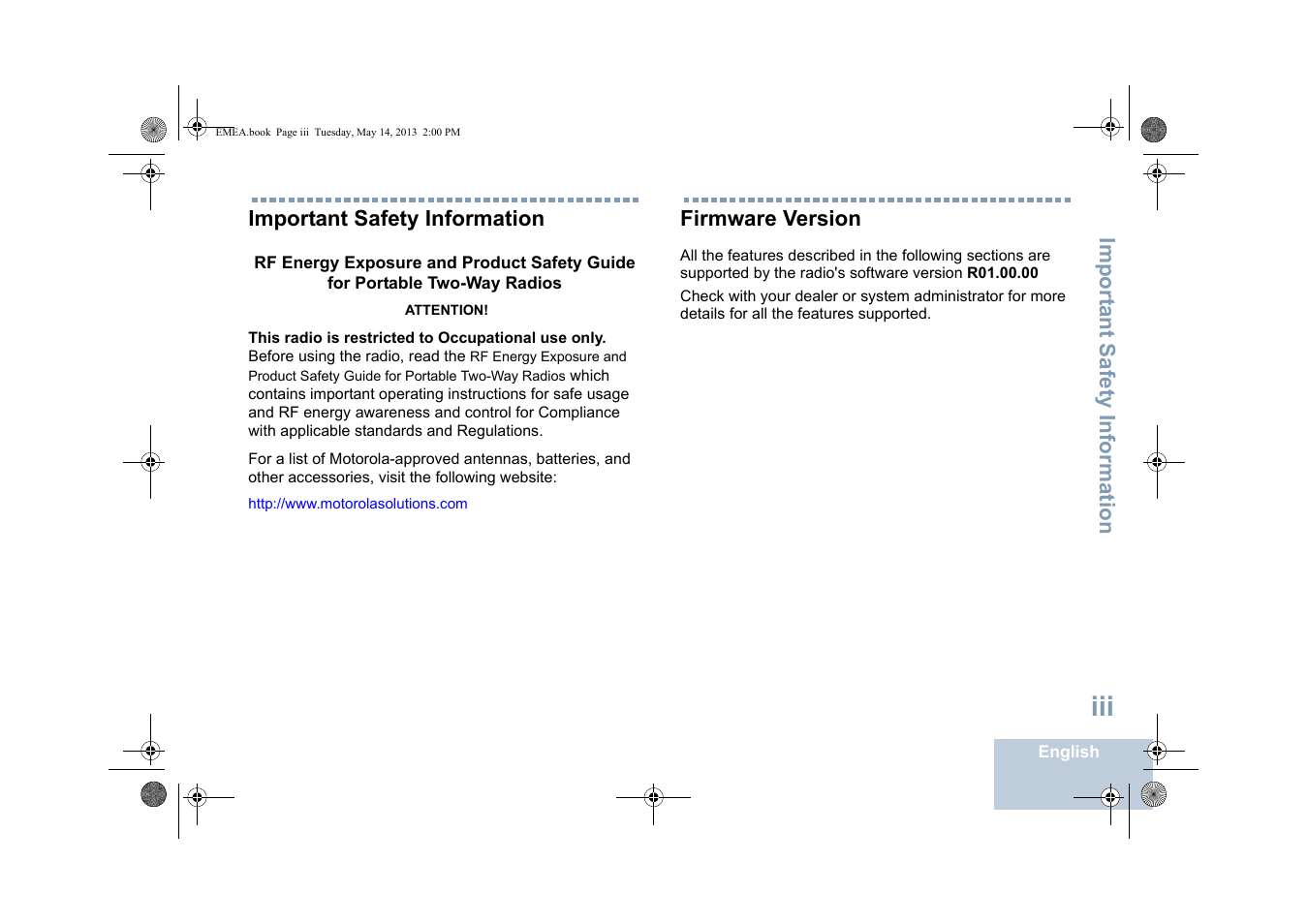 Important safety information, Firmware version | Motorola DP 1400 User Manual | Page 5 / 402