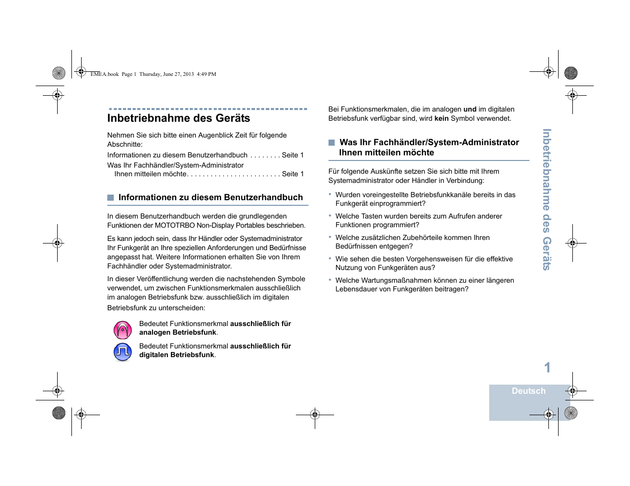 Inbetriebnahme des geräts, Informationen zu diesem benutzerhandbuch, Ihnen mitteilen möchte | Motorola DP 1400 User Manual | Page 53 / 402