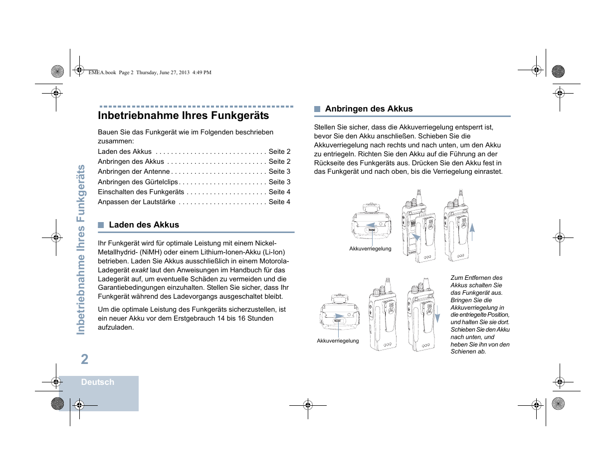 Inbetriebnahme ihres funkgeräts, Laden des akkus, Anbringen des akkus | Laden des akkus anbringen des akkus | Motorola DP 1400 User Manual | Page 54 / 402