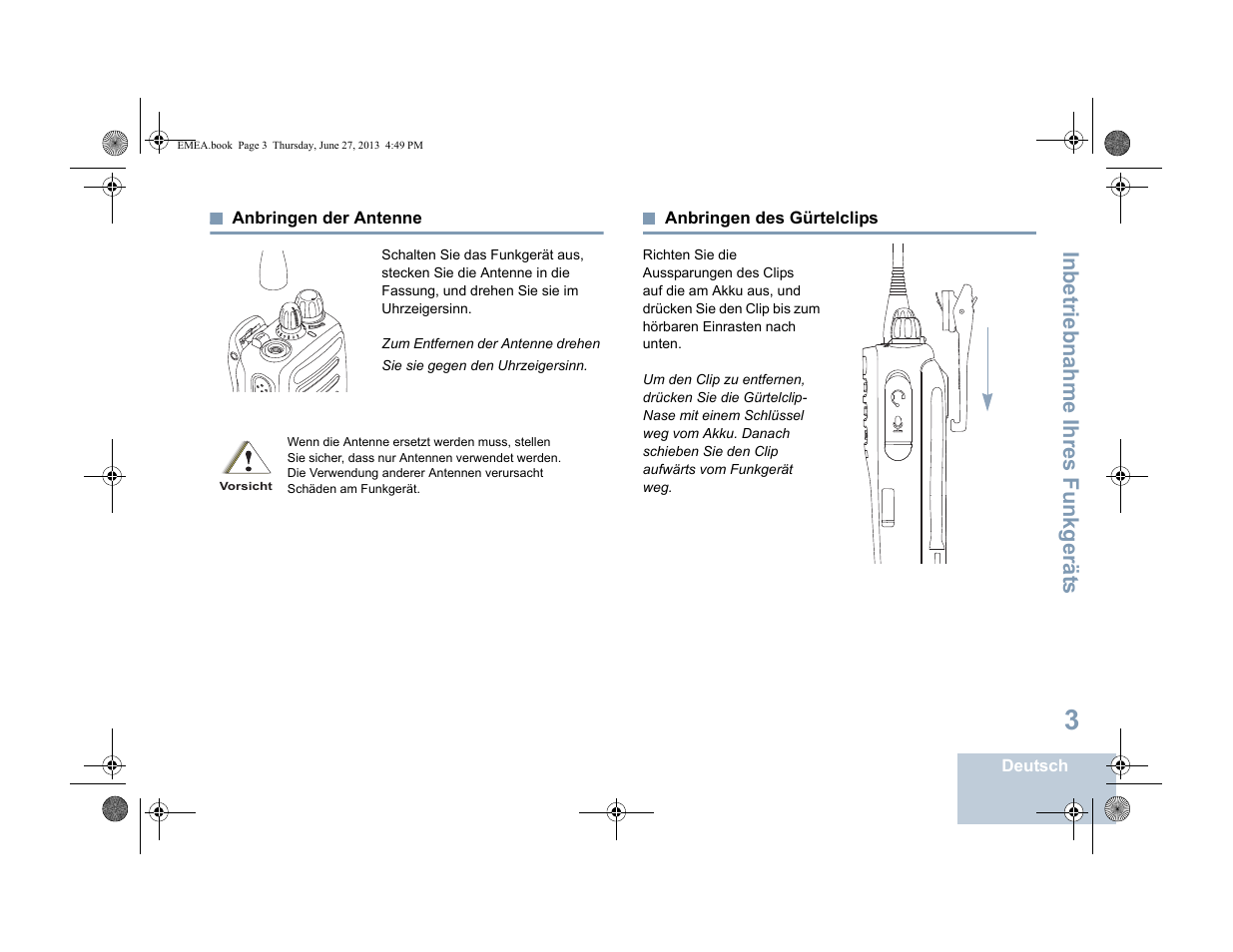 Anbringen der antenne, Anbringen des gürtelclips, Anbringen der antenne anbringen des gürtelclips | Seite 3 anbringen des gürtelclips, Seite 3, Inbetriebnahme ihres funkgerät s | Motorola DP 1400 User Manual | Page 55 / 402