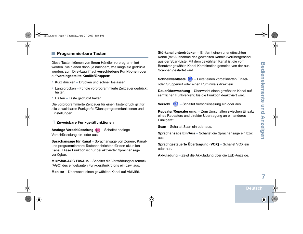 Programmierbare tasten, Zuweisbare funkgerätfunktionen, Seite 7 | Bedienelemente und anzeigen | Motorola DP 1400 User Manual | Page 59 / 402