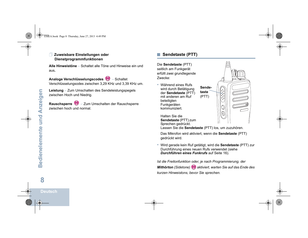 Sendetaste (ptt), Seite 8, Bedienelemente und anzeigen | Motorola DP 1400 User Manual | Page 60 / 402