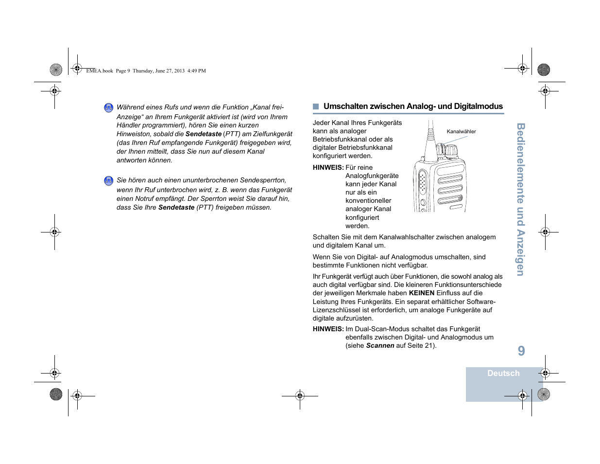 Umschalten zwischen analog- und digitalmodus, Seite 9, Bedienelemente und anzeigen | Motorola DP 1400 User Manual | Page 61 / 402