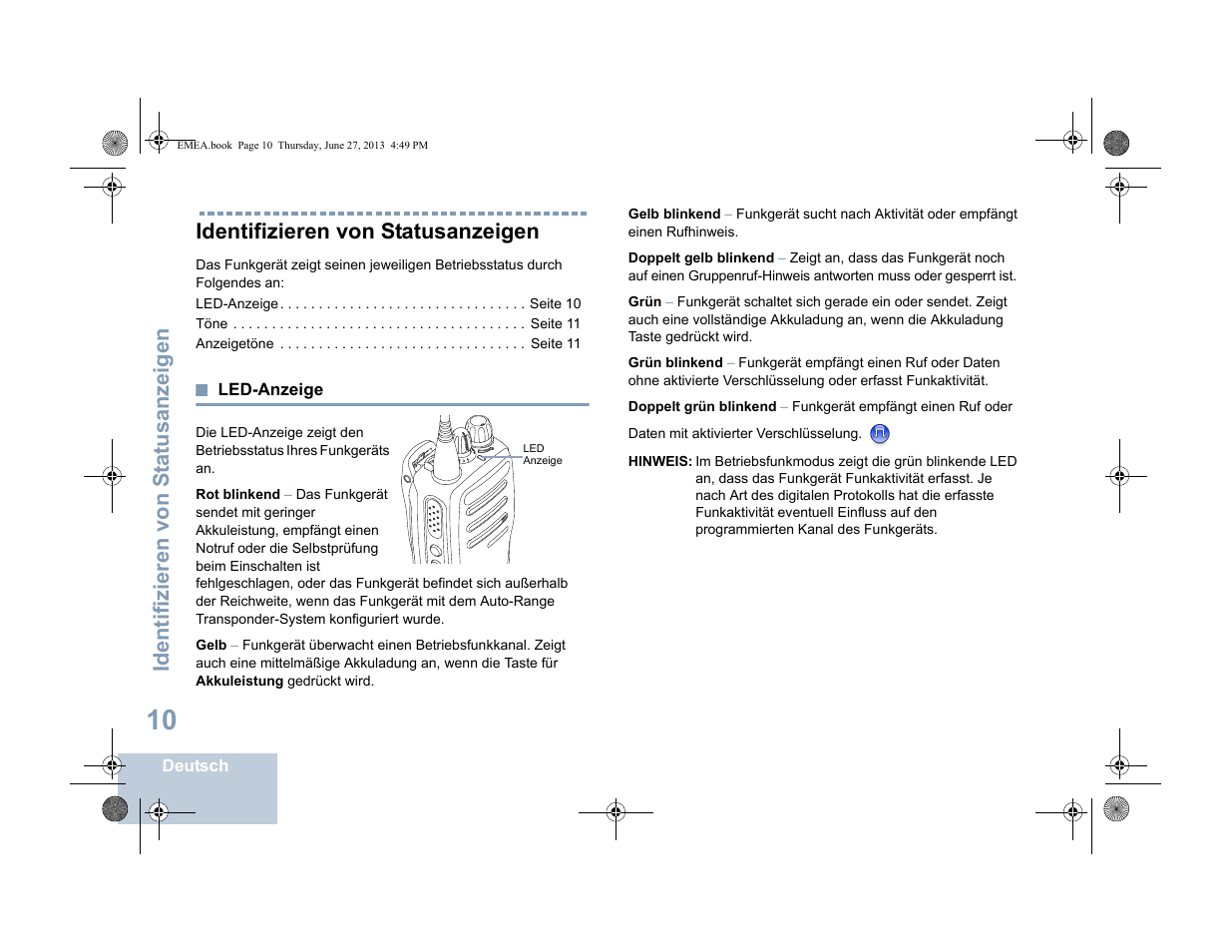 Identifizieren von statusanzeigen, Led-anzeige, Identifizieren von s tatusanzeigen | Motorola DP 1400 User Manual | Page 62 / 402