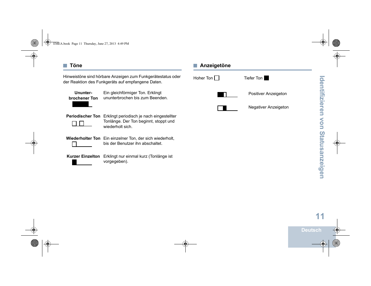 Töne, Anzeigetöne, Töne anzeigetöne | Seite 11 anzeigetöne, Seite 11, Identifizieren von s tatusanzeigen | Motorola DP 1400 User Manual | Page 63 / 402