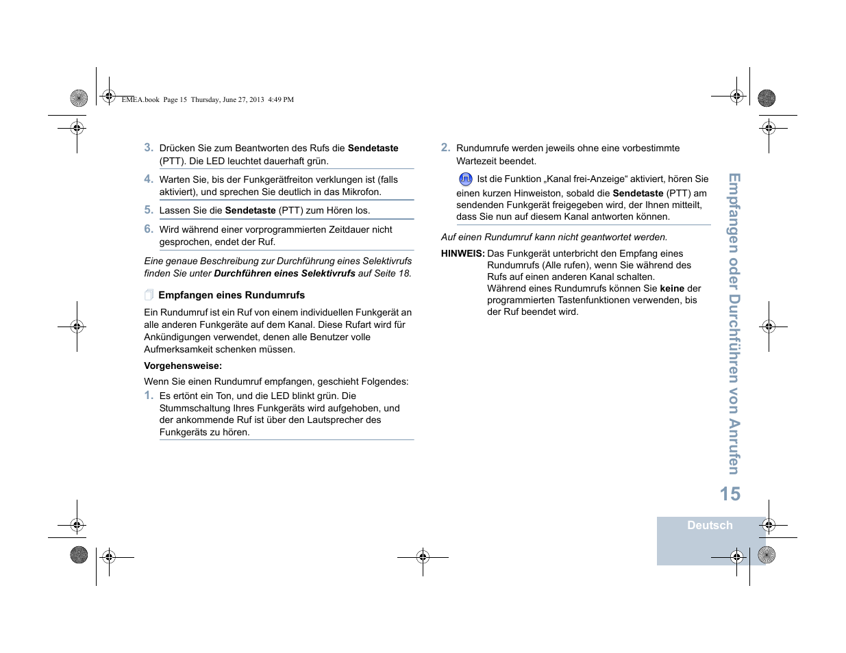 Empfangen eines rundumrufs, Emp fangen oder durchführen von anrufen | Motorola DP 1400 User Manual | Page 67 / 402