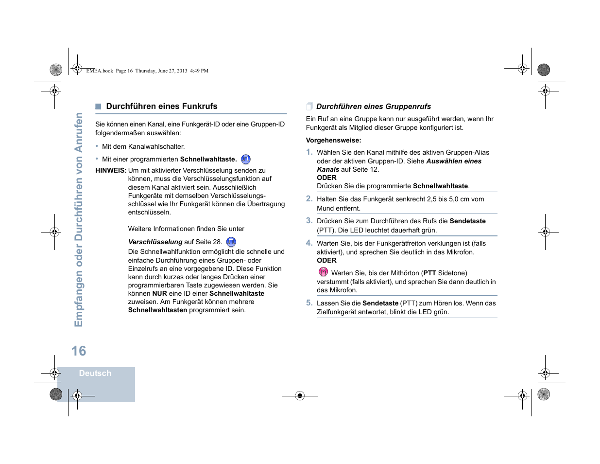 Durchführen eines funkrufs, Durchführen eines gruppenrufs, Seite 16 | Emp fangen oder durchführen von anrufen | Motorola DP 1400 User Manual | Page 68 / 402