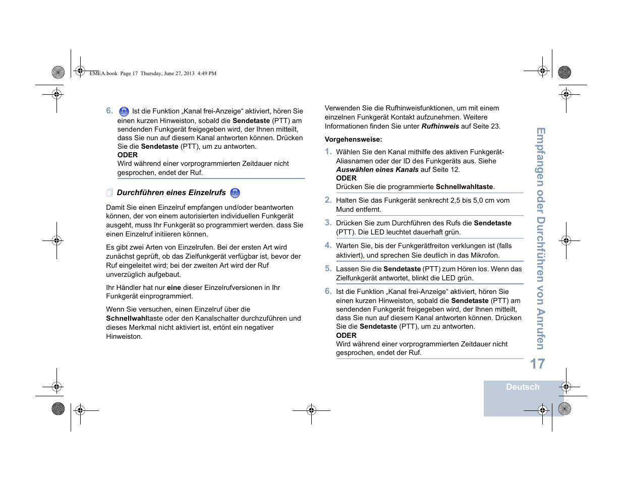 Durchführen eines einzelrufs, Emp fangen oder durchführen von anrufen | Motorola DP 1400 User Manual | Page 69 / 402