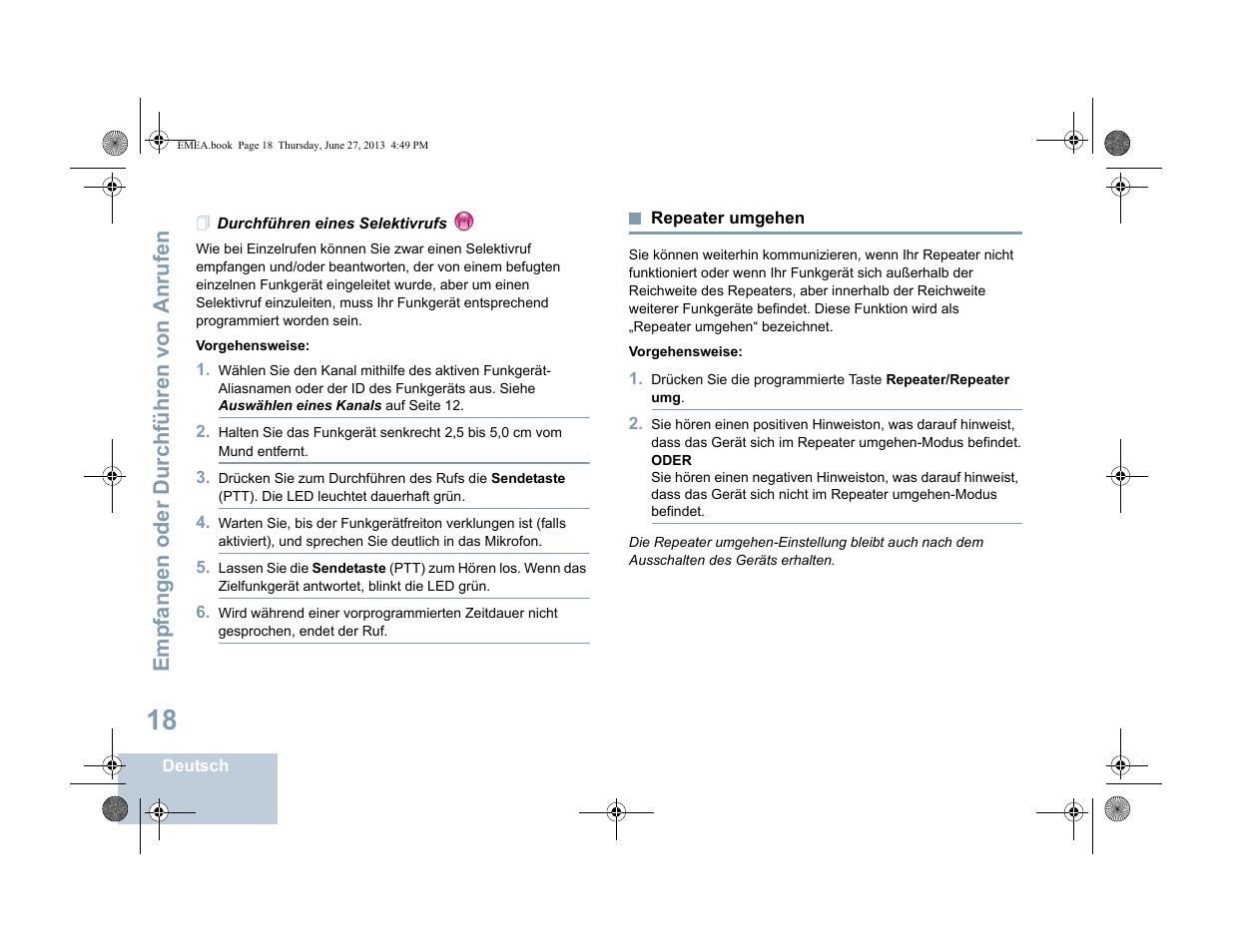 Durchführen eines selektivrufs, Repeater umgehen, Seite 18 | Emp fangen oder durchführen von anrufen | Motorola DP 1400 User Manual | Page 70 / 402