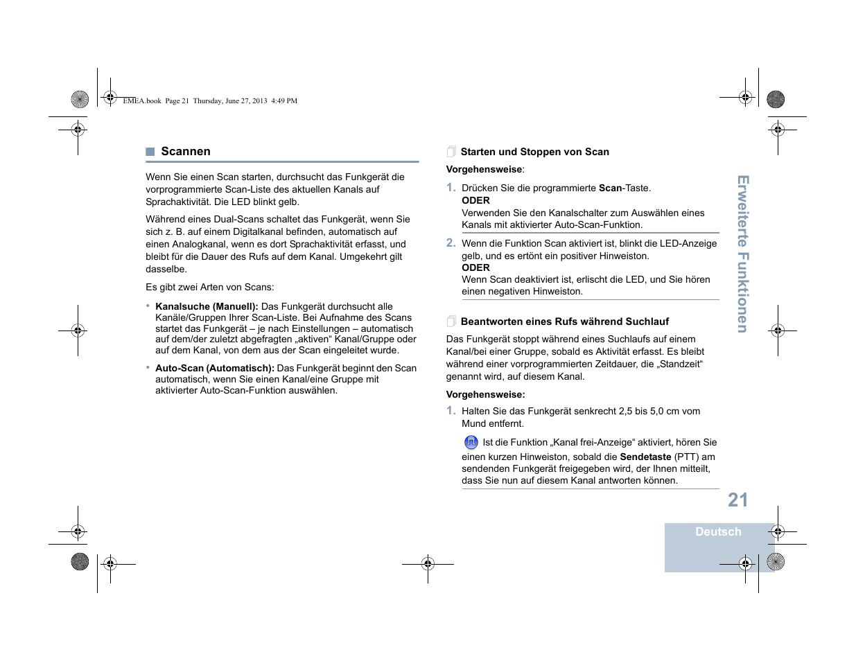 Scannen, Starten und stoppen von scan, Beantworten eines rufs während suchlauf | Seite 21, Erweiterte funktionen | Motorola DP 1400 User Manual | Page 73 / 402