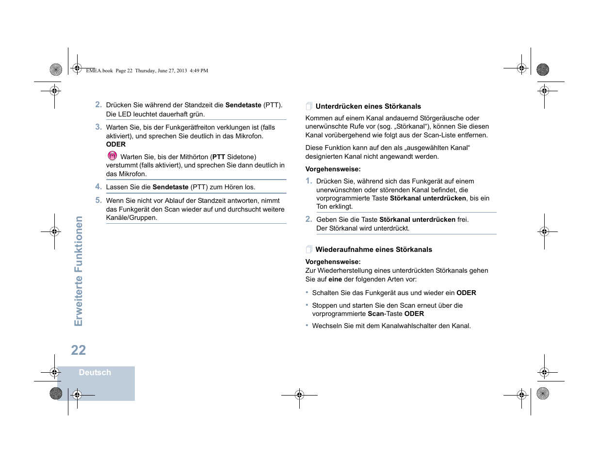 Unterdrücken eines störkanals, Wiederaufnahme eines störkanals, Erweiterte funktionen | Motorola DP 1400 User Manual | Page 74 / 402