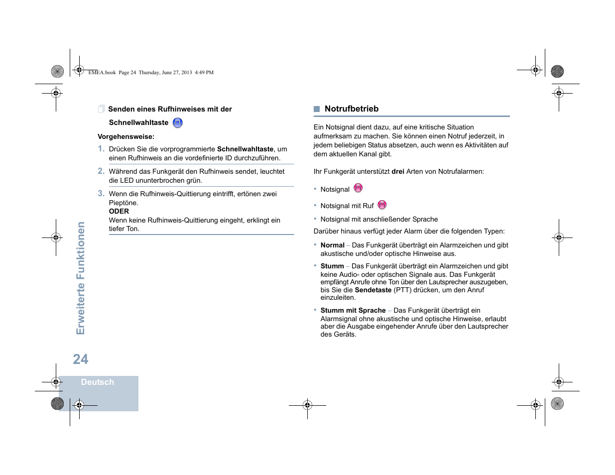 Senden eines rufhinweises mit der schnellwahltaste, Notrufbetrieb, Seite 24 | Erweiterte funktionen | Motorola DP 1400 User Manual | Page 76 / 402