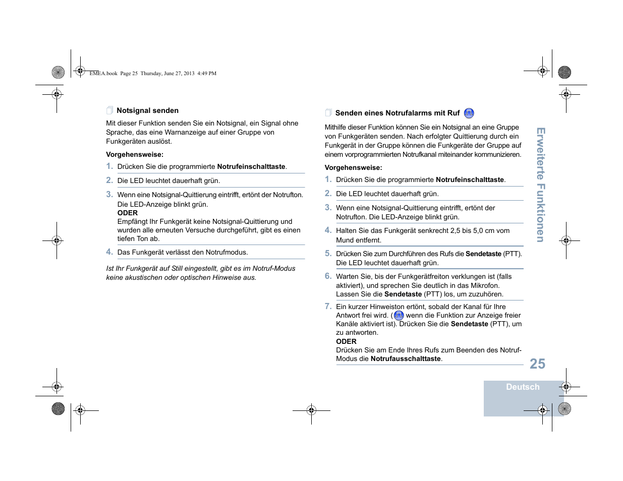 Notsignal senden, Senden eines notrufalarms mit ruf, Notsignal senden senden eines notrufalarms mit ruf | Erweiterte funktionen | Motorola DP 1400 User Manual | Page 77 / 402