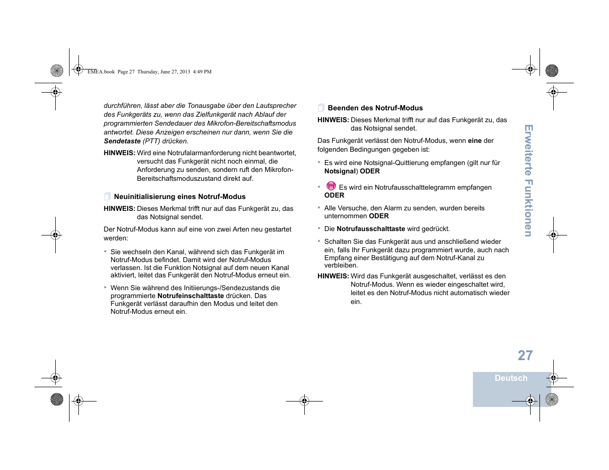 Neuinitialisierung eines notruf-modus, Beenden des notruf-modus, Erweiterte funktionen | Motorola DP 1400 User Manual | Page 79 / 402