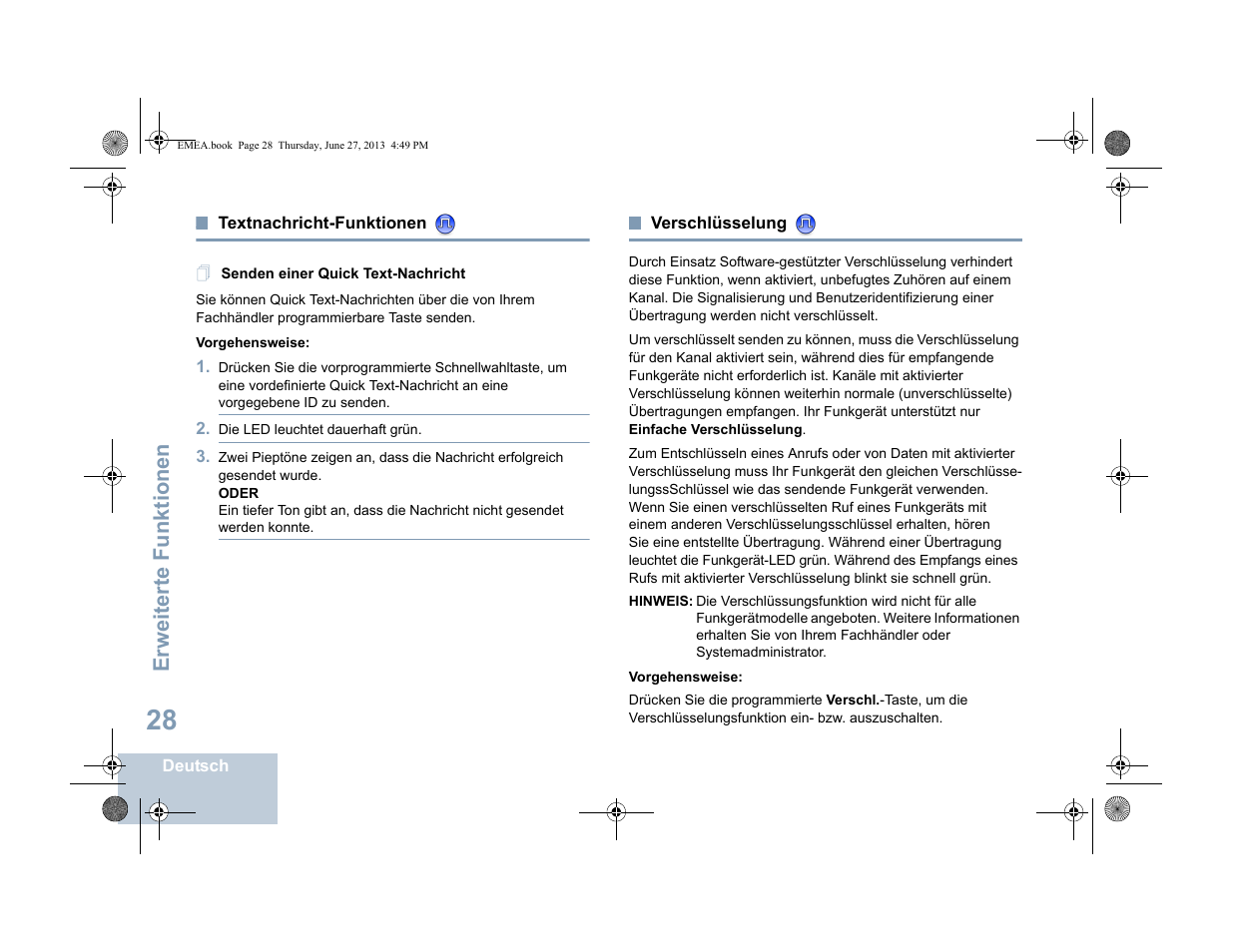 Textnachricht-funktionen, Senden einer quick text-nachricht, Verschlüsselung | Seite 28 verschlüsselung, Seite 28, Erweiterte funktionen | Motorola DP 1400 User Manual | Page 80 / 402