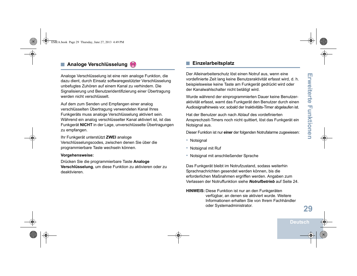 Analoge verschlüsselung, Einzelarbeitsplatz, Analoge verschlüsselung einzelarbeitsplatz | Seite 29, Erweiterte funktionen | Motorola DP 1400 User Manual | Page 81 / 402