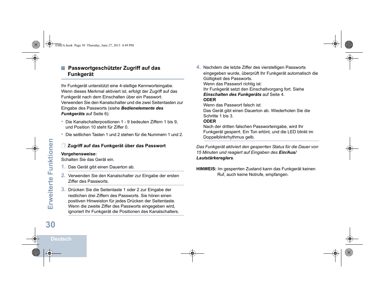 Passwortgeschützter zugriff auf das funkgerät, Zugriff auf das funkgerät über das passwort, Seite 30 | Erweiterte funktionen | Motorola DP 1400 User Manual | Page 82 / 402